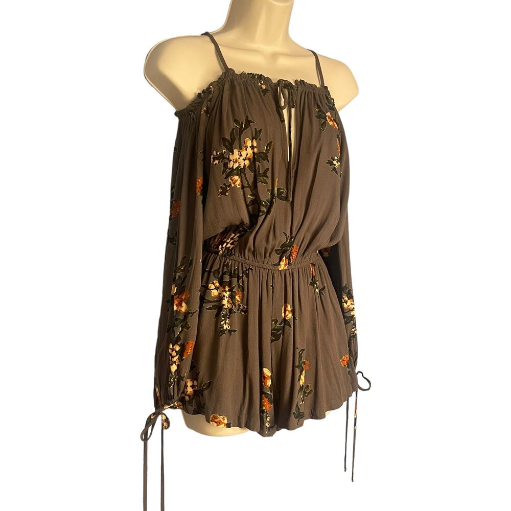 Free People Boho Off Shoulder Long Sleeves Floral Shorts Romper Olive Green XS - Picture 3 of 6